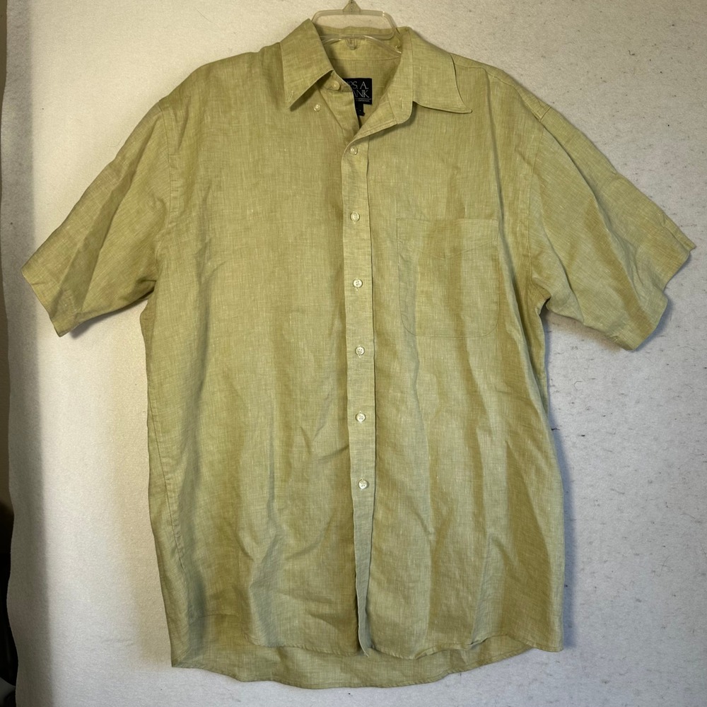 Jos. A. Bank Travelers Collection Mens Medium 100% Linen Shirt Olive Green SS